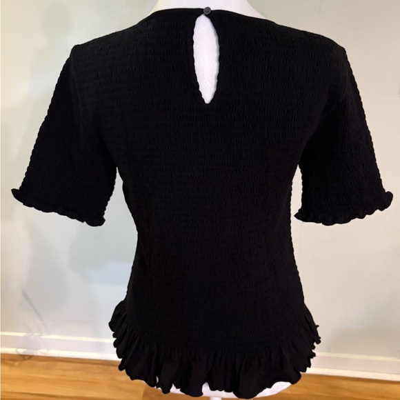 NWT, Ann Taylor Smocked Ruffle Trimmed Short Sleeve Shirt, Black, Size XS - Picture 4 of 8